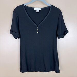 August Silk Black Ribbed V-Neck Short Sleeve Top Medium